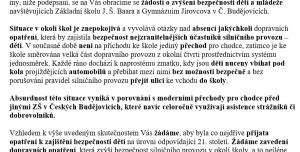 Žádost o zajištění bezpečnosti žáků a studentů navštěvujících ZŠ J. Š. Baara, Jírovcova 1793, České