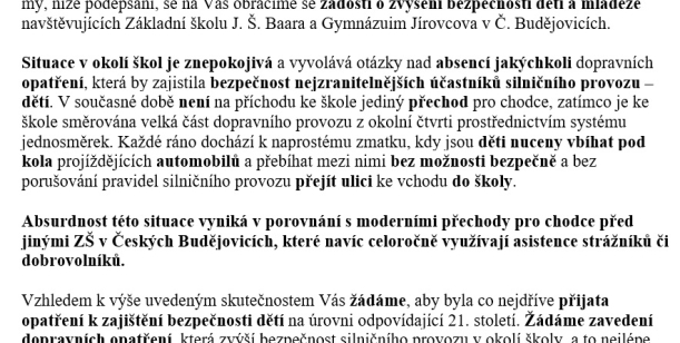 Žádost o zajištění bezpečnosti žáků a studentů navštěvujících ZŠ J. Š. Baara, Jírovcova 1793, České